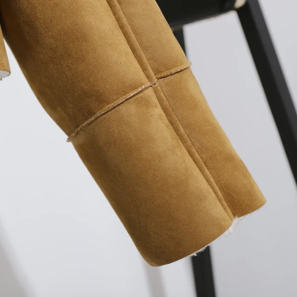 High Quality Turn Down Collar Camel Shearling Coat Women Cropped Vintage Vegan Leather Jacket With Lamb Fur - Image 5