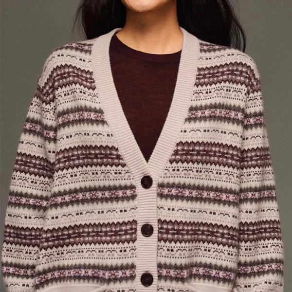 Autumn Winter V Neck Knitwear Jacquard Sweater Knitted 100% Goat Cashmere Cardigan for Women - Image 2