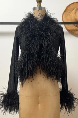 Luxury Breathable Mesh Fur Top Cropped Real Ostrich Feather Fur Coat for Women