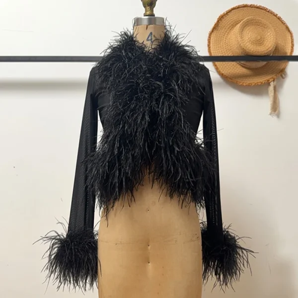 Luxury Breathable Mesh Fur Top Cropped Real Ostrich Feather Fur Coat for Women