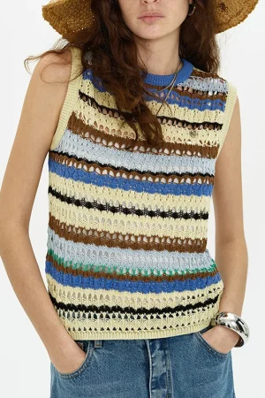 Sleeveless Summer Stripe Waistcoat Women Cropped Hollow Out Knitted Vest