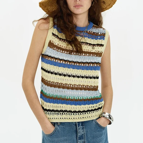 Sleeveless Summer Stripe Waistcoat Women Cropped Hollow Out Knitted Vest