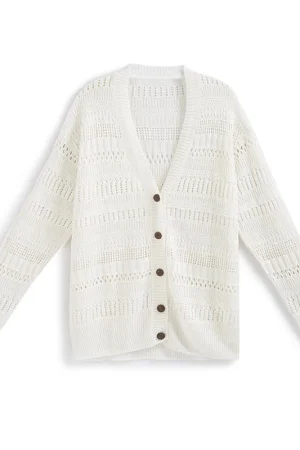 Hollow Out Long Sleeve Knitwear Single Breasted Knitted 100% Linen Cardigan for Women