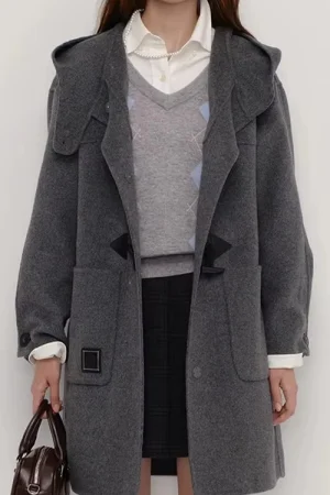 Women Wool Horn Button Mid-length Woolen Coat