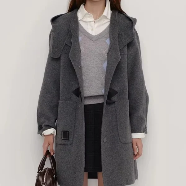 Women Wool Horn Button Mid-length Woolen Coat