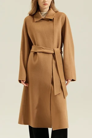 New Arrival Luxury Double Faced Long Genuine 100% Goat Cashmere Coat Women With Belt