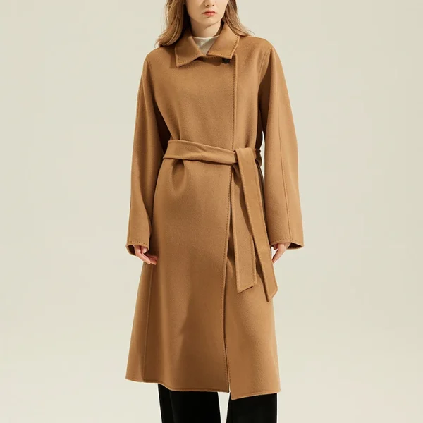 New Arrival Luxury Double Faced Long Genuine 100% Goat Cashmere Coat Women With Belt