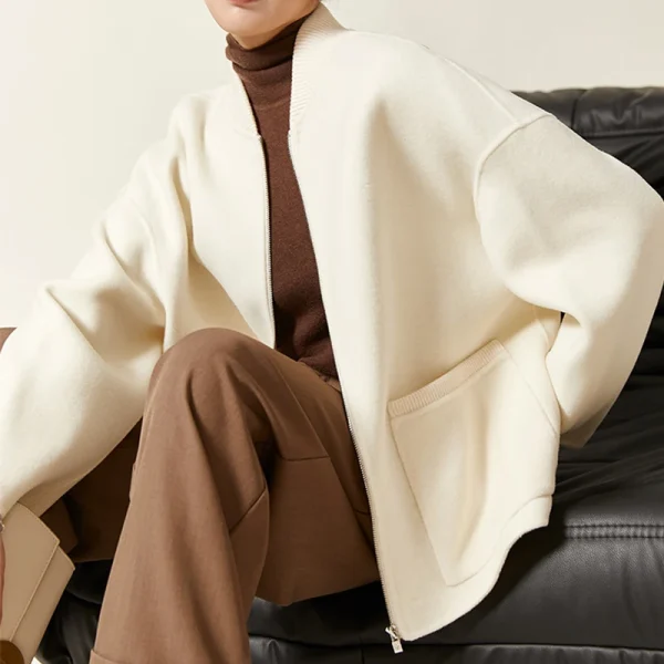 Winter Baseball Woolen Coat Women Short Double Faced 100% Wool Coat With Zipper - Image 2