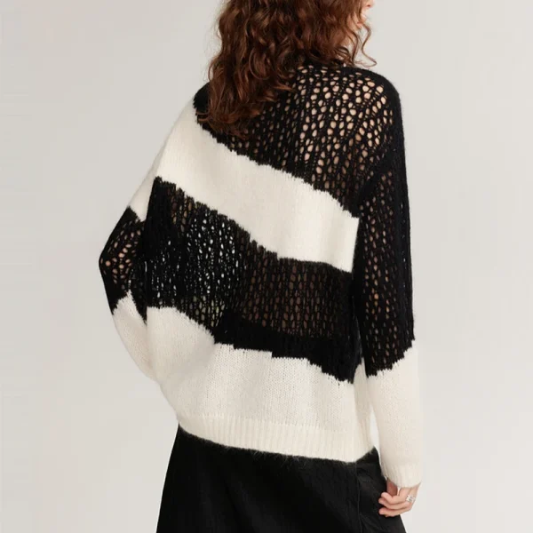 Black White Knitwear O Neck Hollow Out Knitted Mohair Sweater Women - Image 2