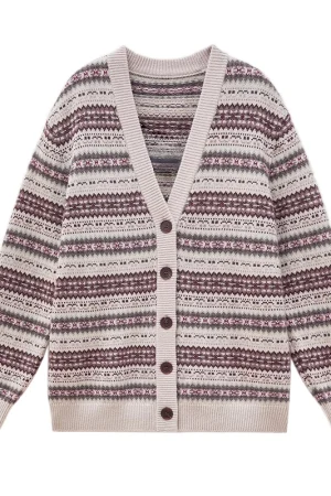 Autumn Winter V Neck Knitwear Jacquard Sweater Knitted 100% Goat Cashmere Cardigan for Women