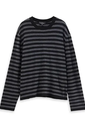 High Quality Long Sleeve Knitted 100% Wool Pullover O Neck Striped Knitwear for Women