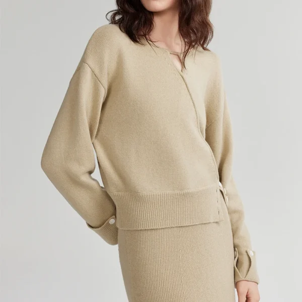 Autumn Khaki Sweater Pullover Split Wool Knitwear Women With Button - Image 3