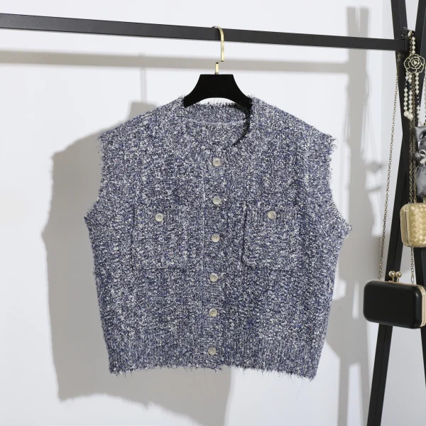 Autumn Spring Single Breasted Sleeveless Cardigan Knitted Sweater Vest Women With Pockets - Image 4