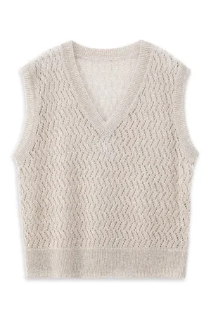 Summer Knitwear Waistcoat V Neck Sleeveless Hollow Out Knitted 100% Linen Vest for Women