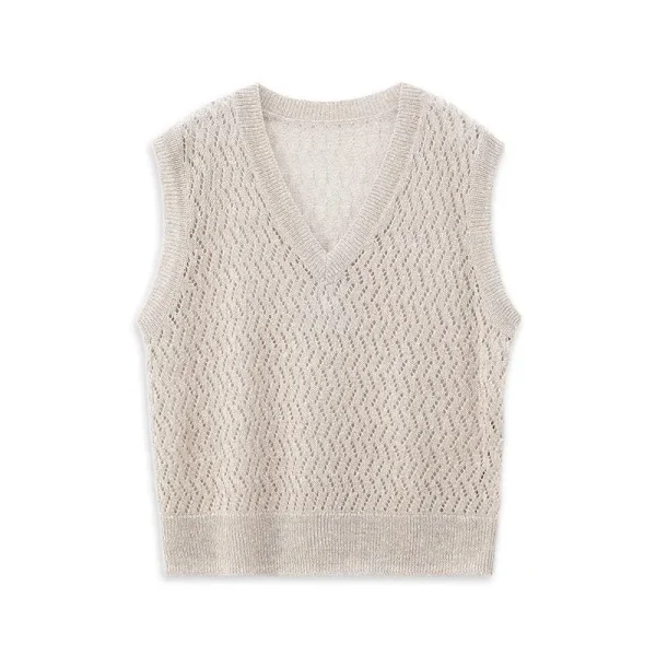 Summer Knitwear Waistcoat V Neck Sleeveless Hollow Out Knitted 100% Linen Vest for Women