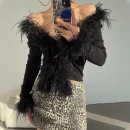 Fashion Luxury Cropped Knitwear Hand Knitted Cardigan Women With Ostrich Feather Fur