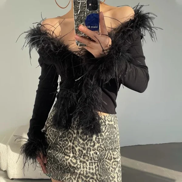 Fashion Luxury Cropped Knitwear Hand Knitted Cardigan Women With Ostrich Feather Fur - Image 4