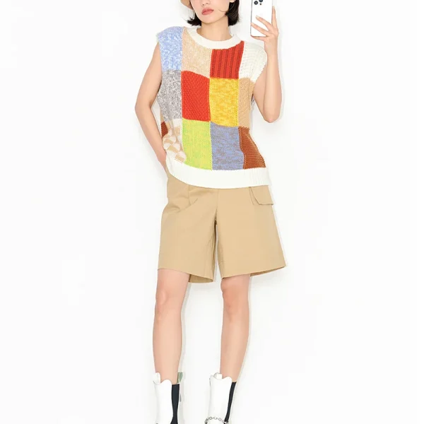 Canvas Puzzle O Neck Sleeveless Waistcoat 100% Cotton Knitted Sweater Vest Women - Image 2
