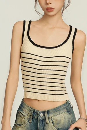 Summer Striped Sleeveless Sweater Pullover Women Knitted Cotton Vest