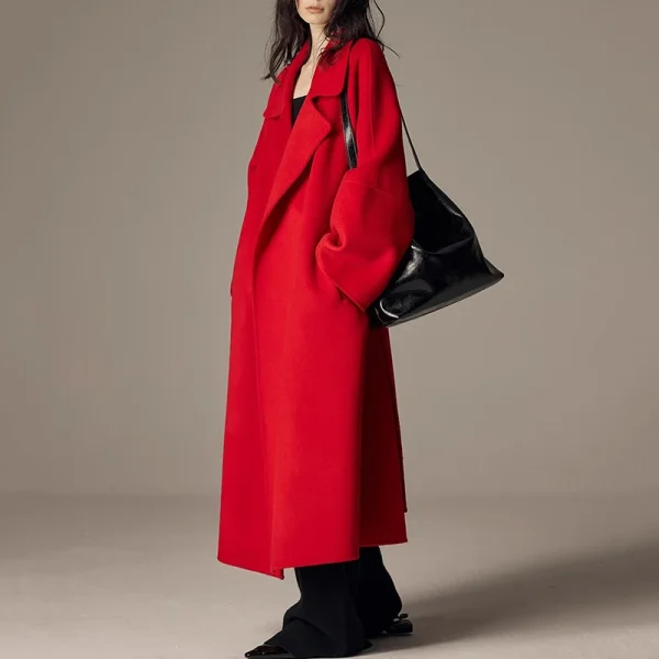 High End Winter Luxury Woolen Coat Women Double Faced Long 100% Wool Coat with Belt - Image 4