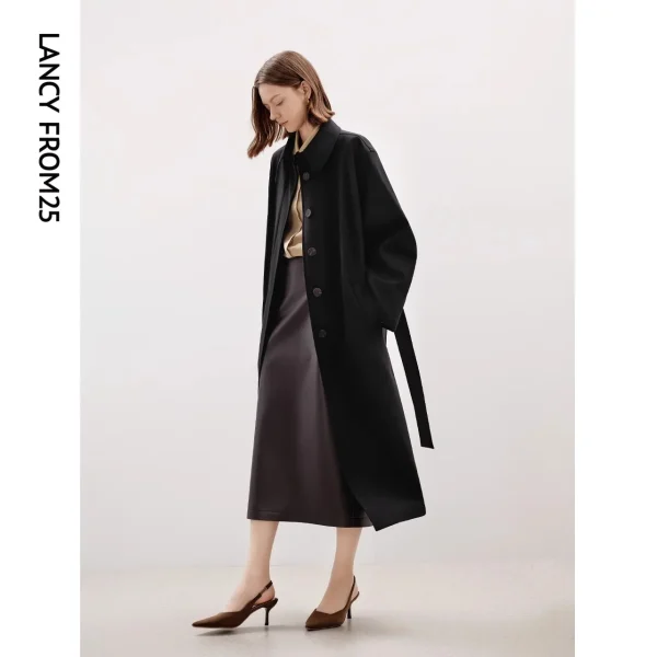 Wool High-grade Lapel Black Mid-length Trench Coat 2025 Autumn New French Temperament Top