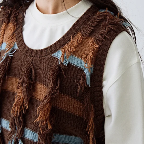 Luxury Sleeveless Tassel Cotton Waistcoat Short Knitted Wool Sweater Vest for Women - Image 5