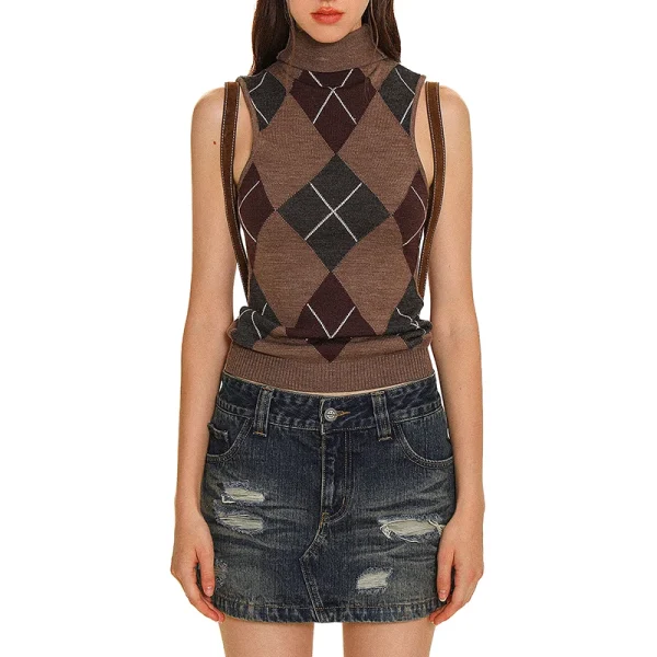 Jacquard Sweater Sleeveless Diamond Lattice Pattern Knitwear High Collar Crop Knitted Wool Vest Women - Image 4