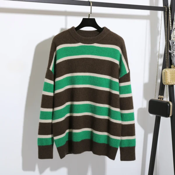 100% Wool O Neck Sweater Women Winter Handmade Knitted Sweater With Stripe Pattern - Image 3