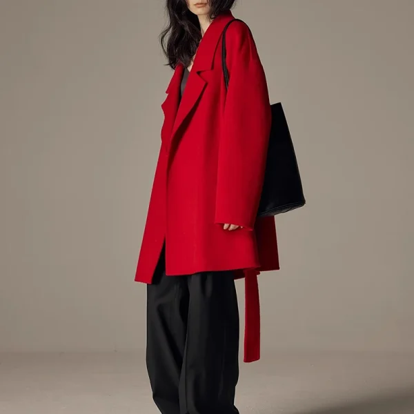 Winter Belted Short Woolen Coat Luxury Double Faced 100% Wool Coat for Women - Image 4