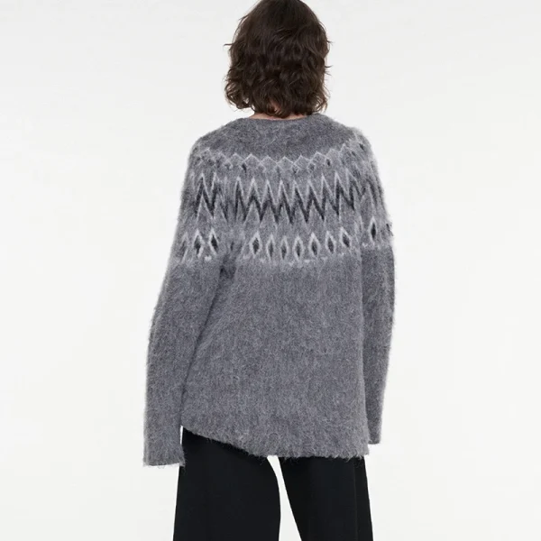 Jacquard Sweater O Neck Long Sleeve Wool Knitwear Women - Image 5